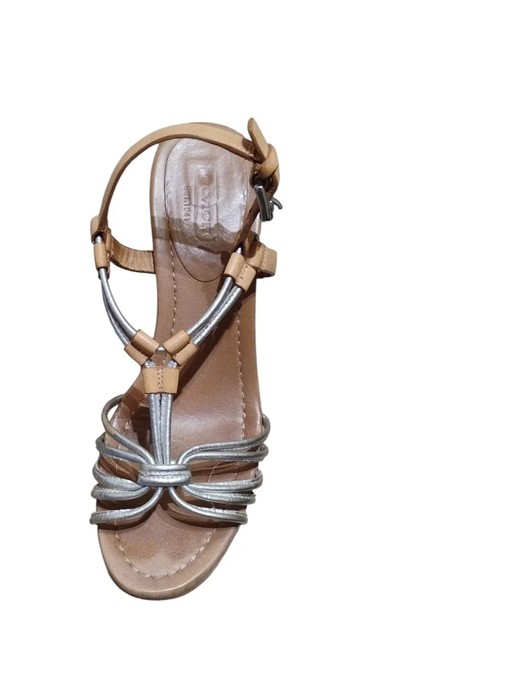 Coach Georgina Wedge Sandals with Cork Platform - Silver & Tan Size 6.5